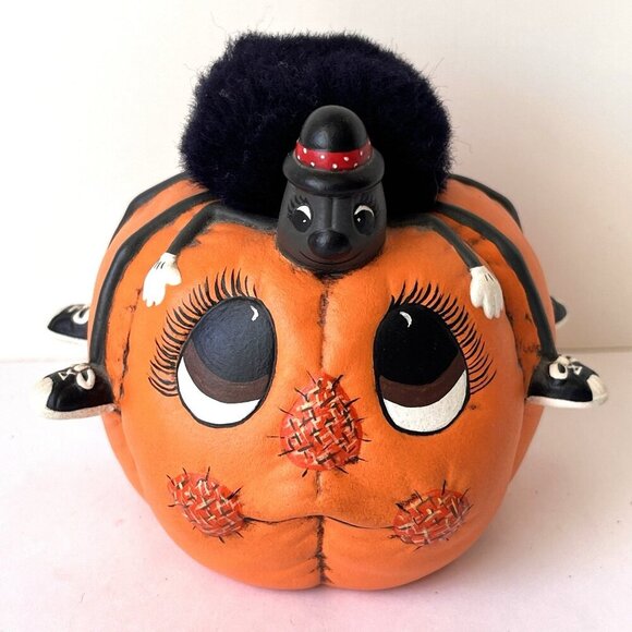 Vintage 80s Kitsche Spider on Hand Painted Halloween Jack O Lantern Pumpkin 1988 - Picture 1 of 9